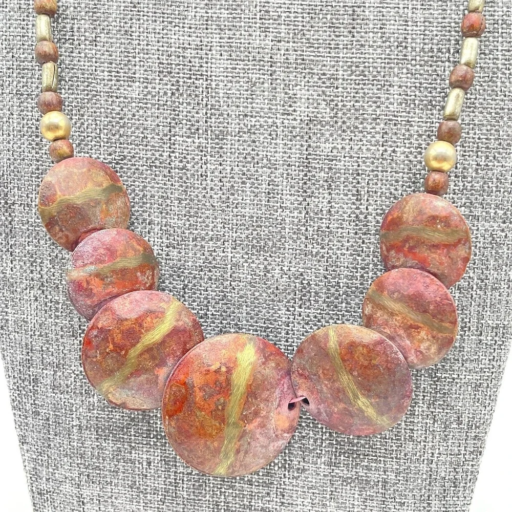 VTG‎ Earthy Jasper Stone Slab Necklace Brown Wood Tube Spacer Bead Chunky Tribal